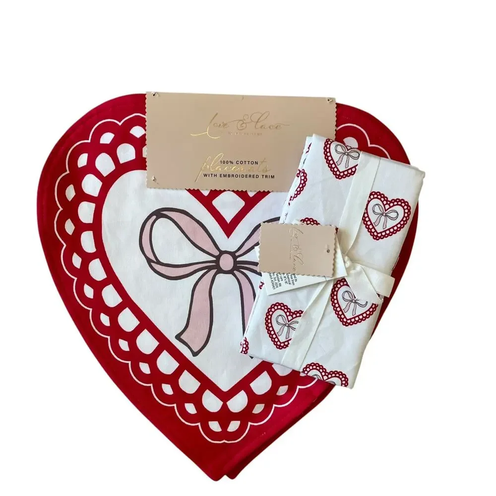 8pc Valentine Heart Placemat & Napkin Set 15in Cotton Pink Red White Love XO NEW